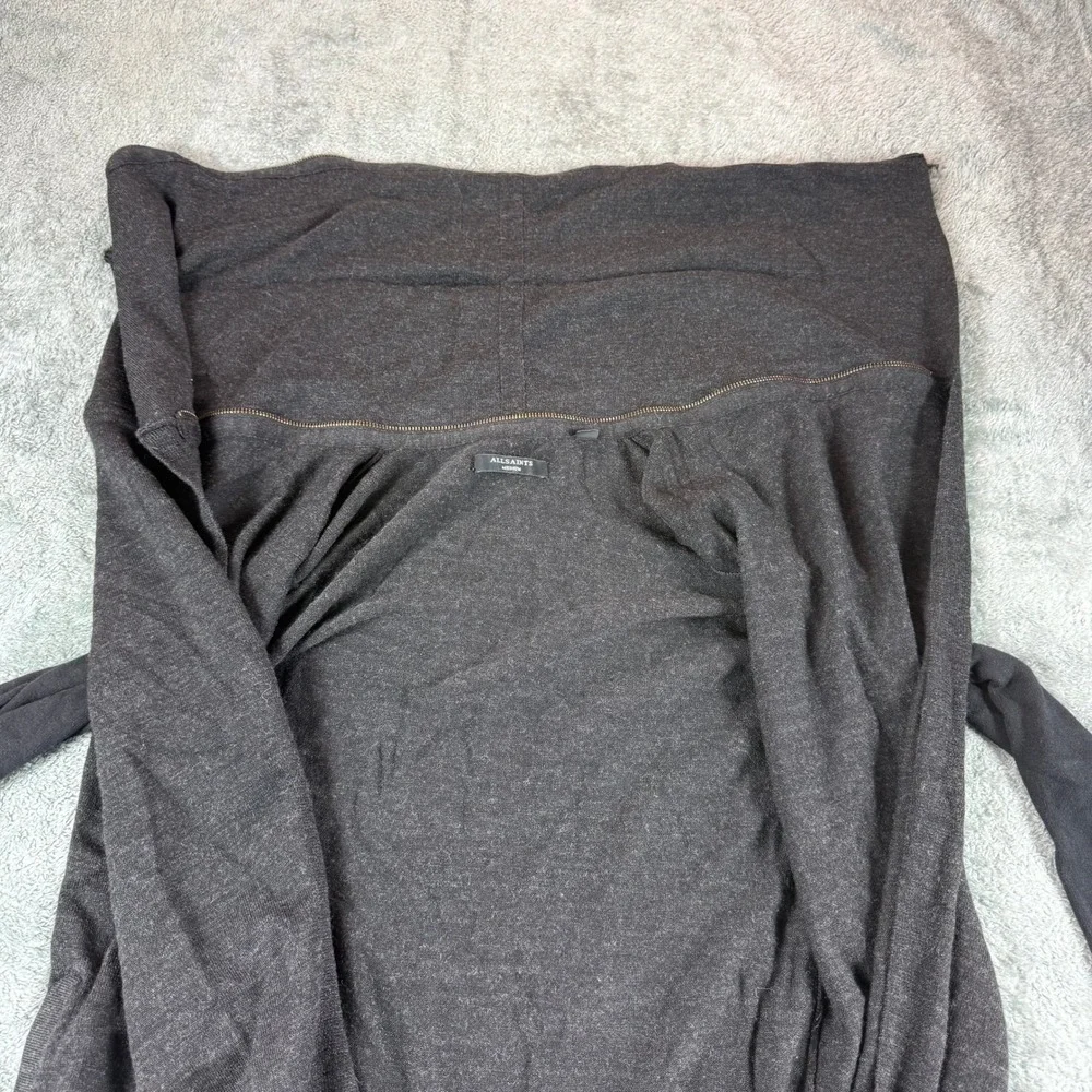 AllSaints Charcoal Grey Wool Asymmetrical Zip Draped Cardigan Cotton Sleeve M